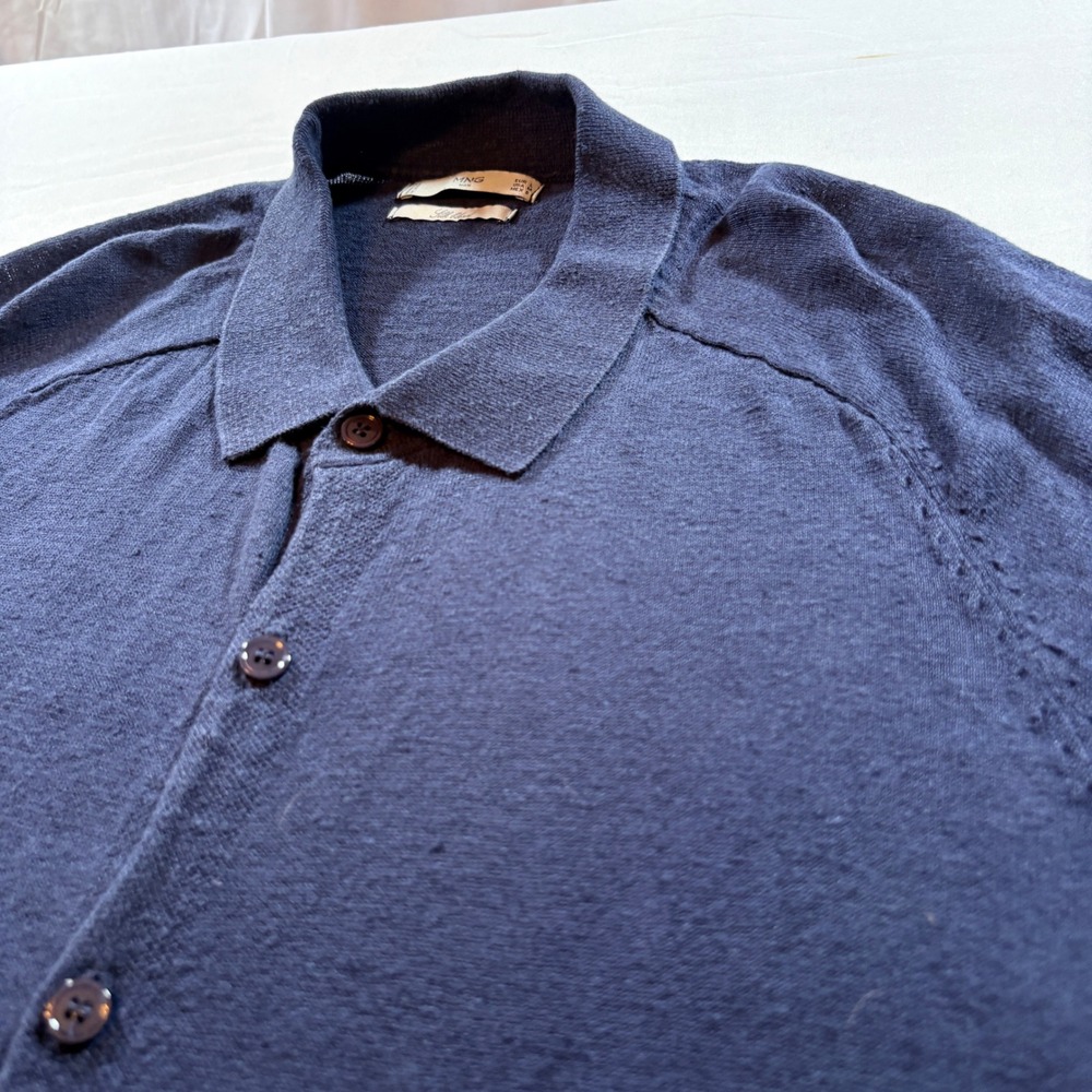 MNG Man Mango Mens Navy Blue Silk Blend Knit Short Sleeve Button Up Polo Shirt M